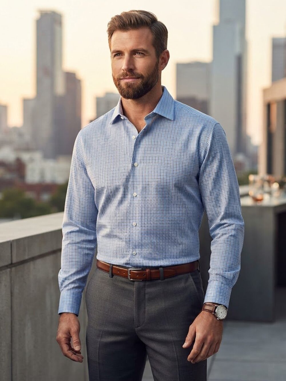 David Donahue White Blue Brown Gingham Check Dress CareerShirt 17.5 34/35 Cotton